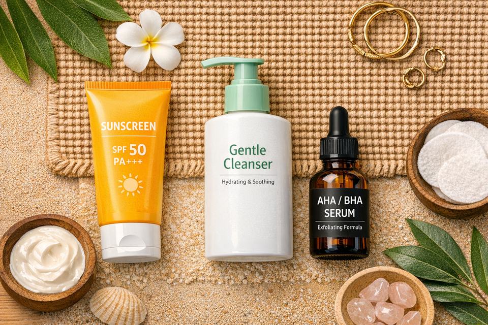Flat lay of sunscreen, gentle cleanser and AHA BHA serum arranged for an Indian skincare routine