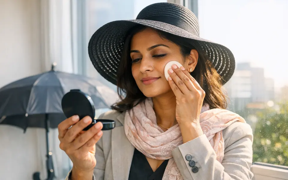 Indian woman in office attire gently patting sunscreen over her makeup using a sponge near a sunny window