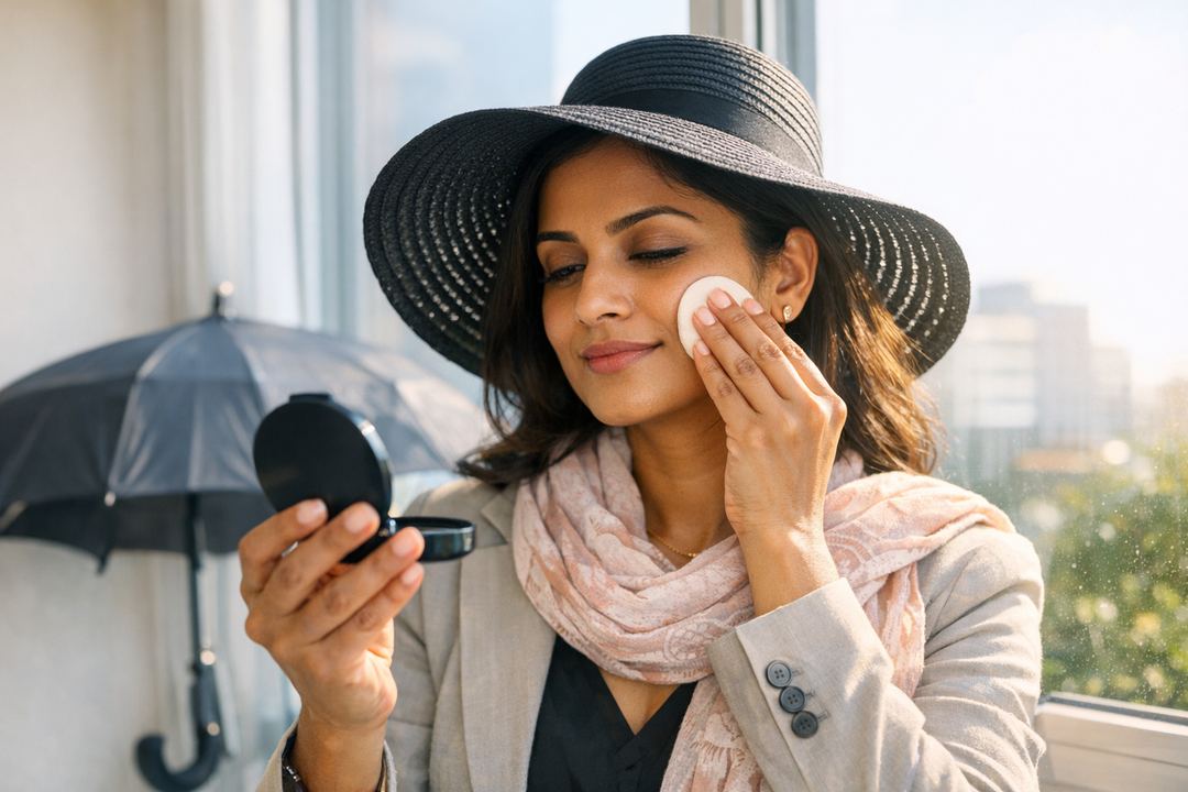 Indian woman in office attire gently patting sunscreen over her makeup using a sponge near a sunny window