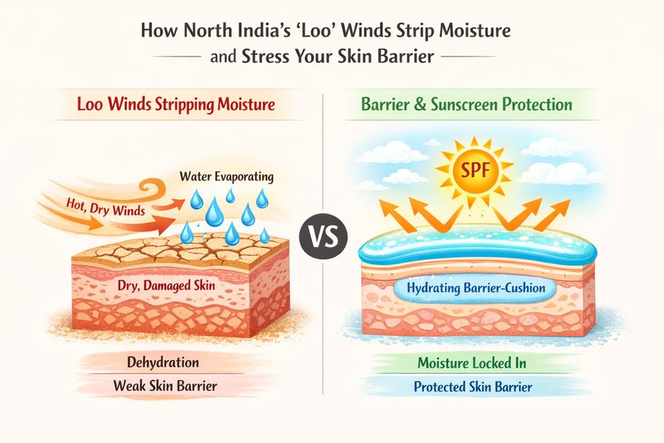 Infographic showing how North India’s loo winds cause rapid water loss from skin and how a barrier-cushion plus sunscreen protects the face.