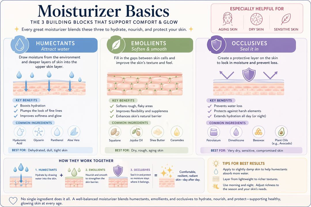 Infographic comparing humectants, emollients, and occlusives in face moisturizers.