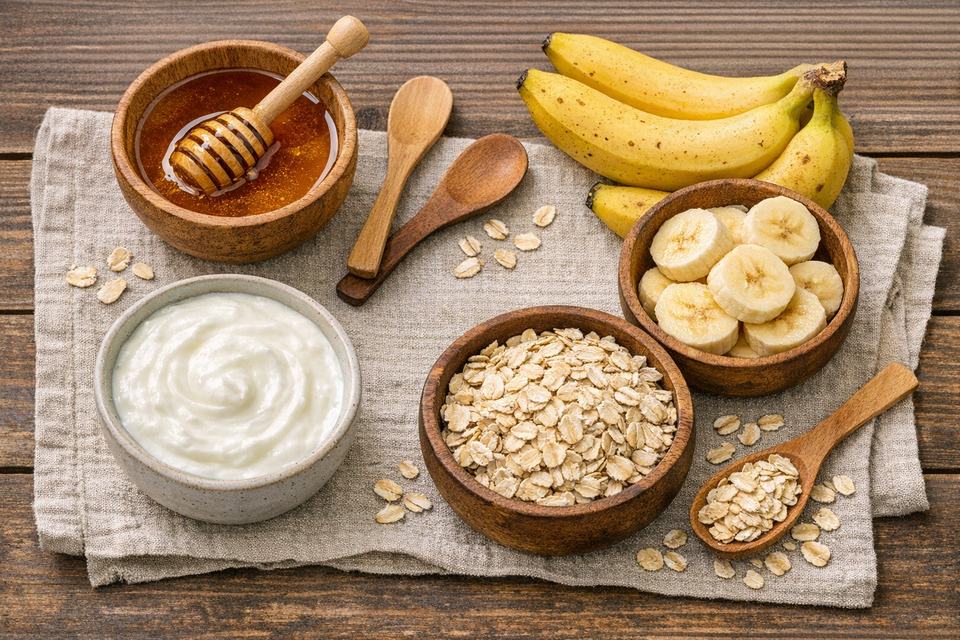 Bowls of honey, curd, oats, and banana arranged on a table for DIY dry-skin face masks