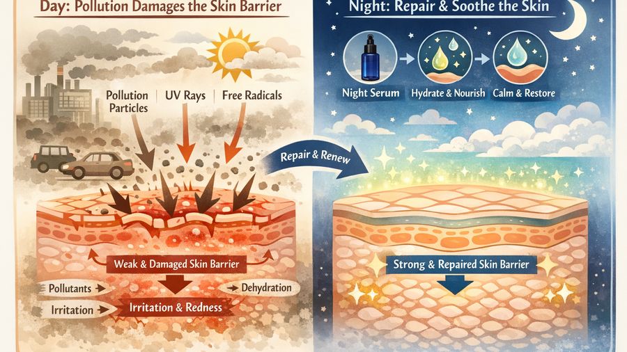 Face serum routine for sensitive skin plus redness in city pollution