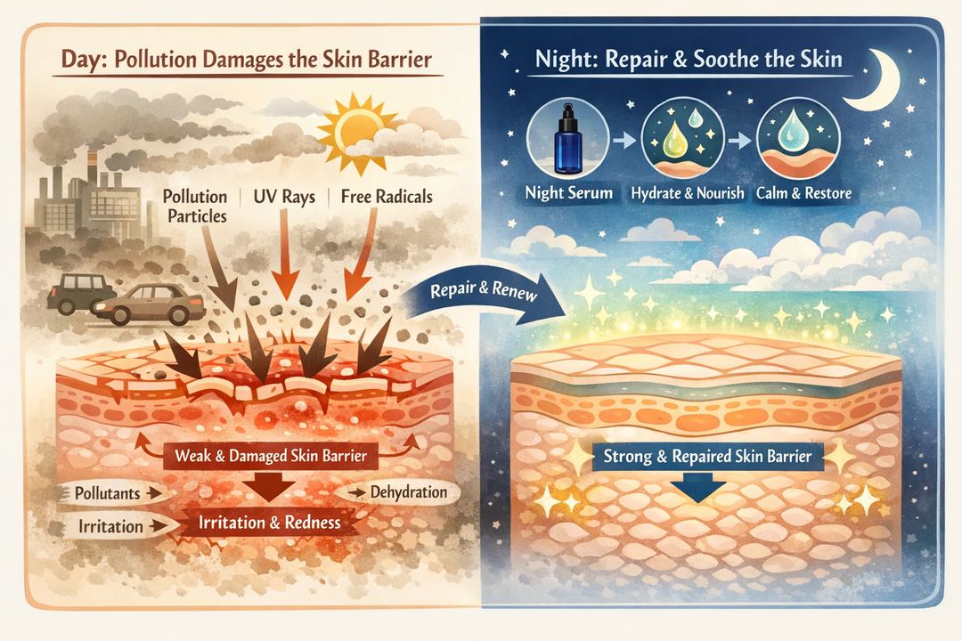 Infographic diagram showing how city pollution weakens the skin barrier and how a night serum routine helps repair it.