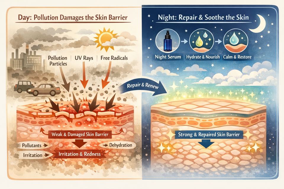 Infographic diagram showing how city pollution weakens the skin barrier and how a night serum routine helps repair it.