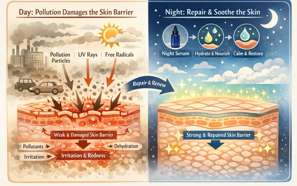 Face serum routine for sensitive skin plus redness in city pollution
