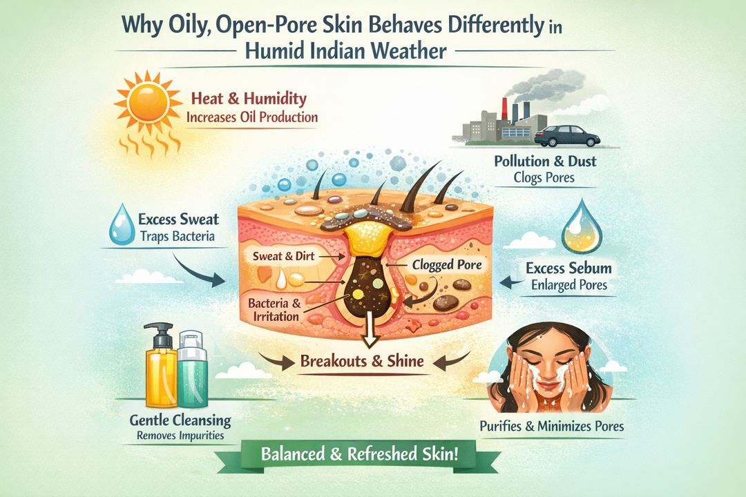 Infographic diagram showing how heat, humidity, sweat, sebum and pollution affect oily, open‑pore skin and why a gentle cleanser matters.
