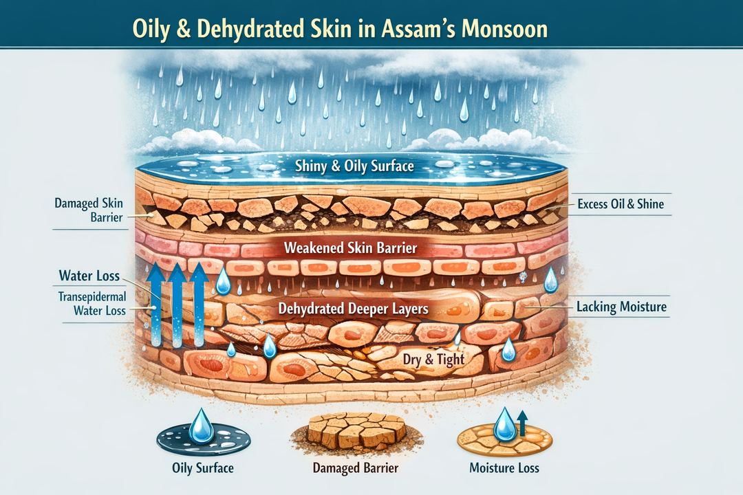 Infographic diagram showing oily yet dehydrated skin in Assam monsoon: shiny surface with deeper layers losing water and a weakened barrier.