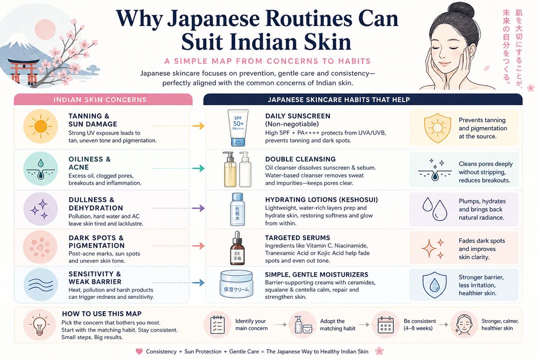 Infographic mapping common Indian skin concerns like tanning, acne and dark spots to Japanese skincare habits such as double cleansing, hydrating lotions, serums and sunscreen.