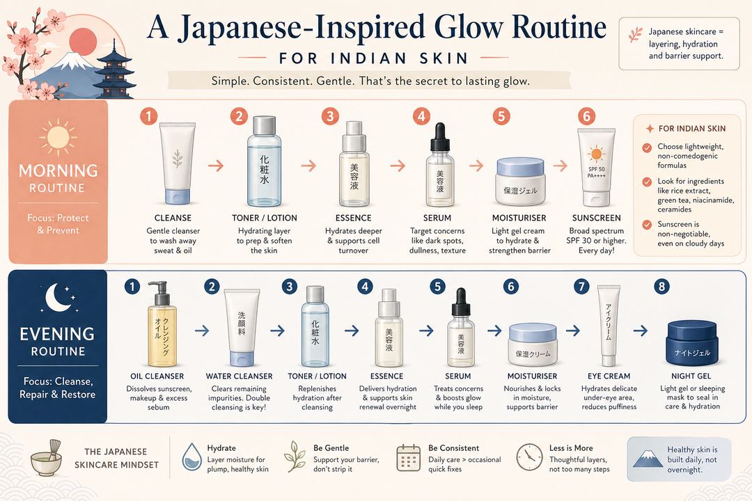 Infographic showing a Japanese-inspired morning and night skincare routine adapted for Indian skin, with steps ordered from cleanse to sunscreen in the morning and double cleanse to night gel in the evening.