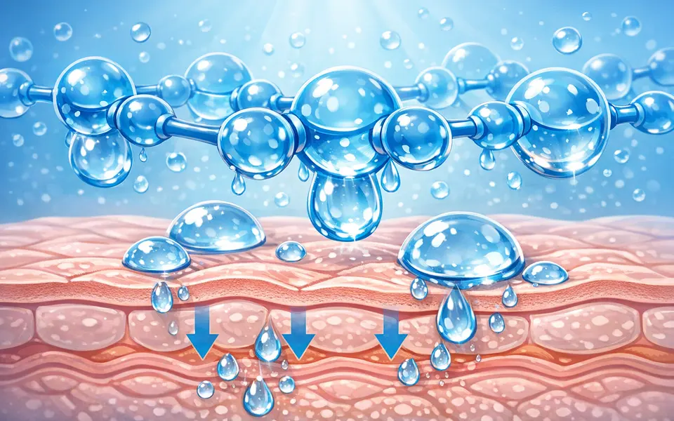 Illustration of hyaluronic acid molecules holding water droplets on the surface of the skin