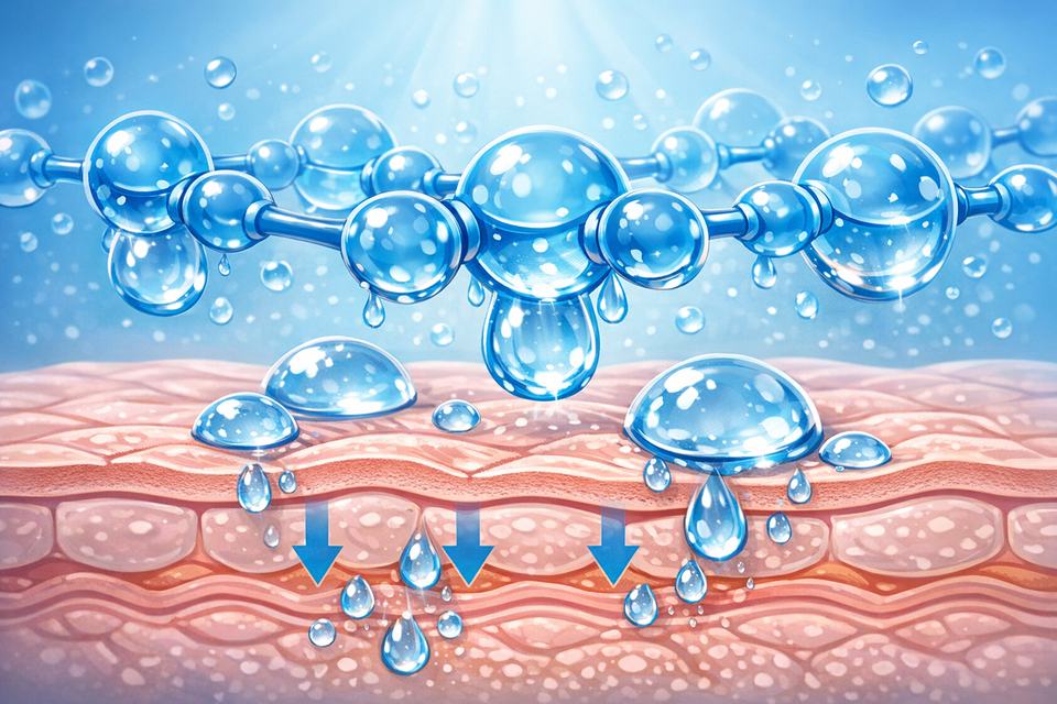 Illustration of hyaluronic acid molecules holding water droplets on the surface of the skin