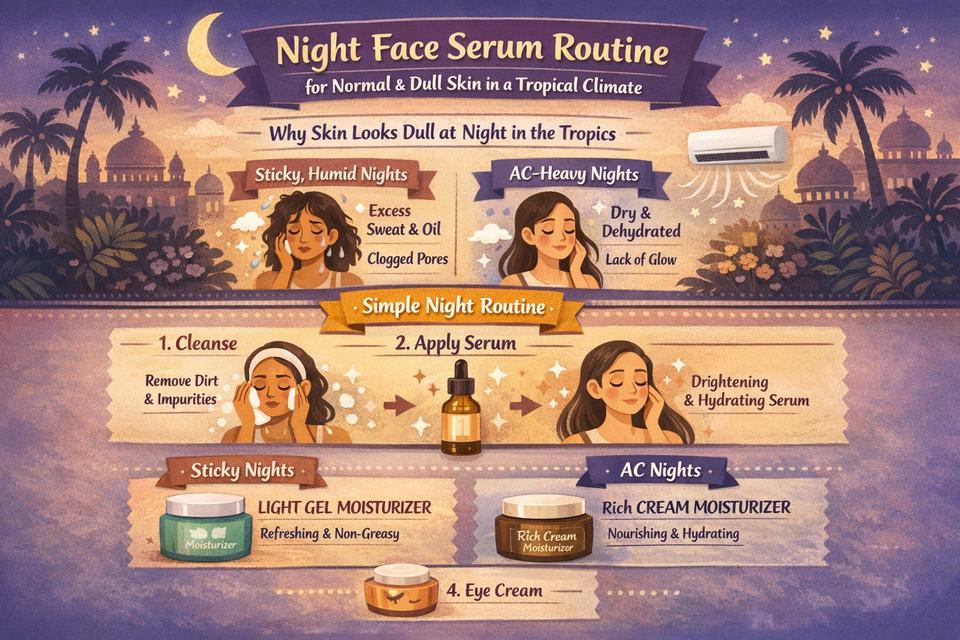 Infographic flow of a simple night face serum routine for normal, dull skin in a tropical Indian climate.