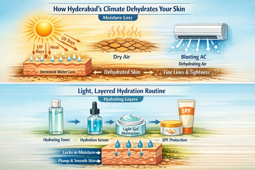 Infographic diagram showing how Hyderabad’s sun, dry heat and AC increase skin water loss, with a second panel illustrating a light, layered hydration routine.