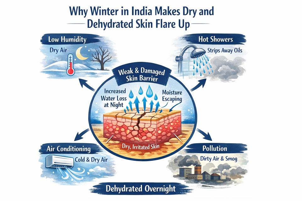 Infographic diagram showing how Indian winter factors like low humidity, hot showers, AC, and pollution weaken the skin barrier and increase water loss at night.