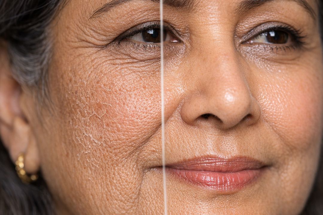 Close-up of a mature Indian woman’s cheek showing a dry area next to a hydrated, plumper area