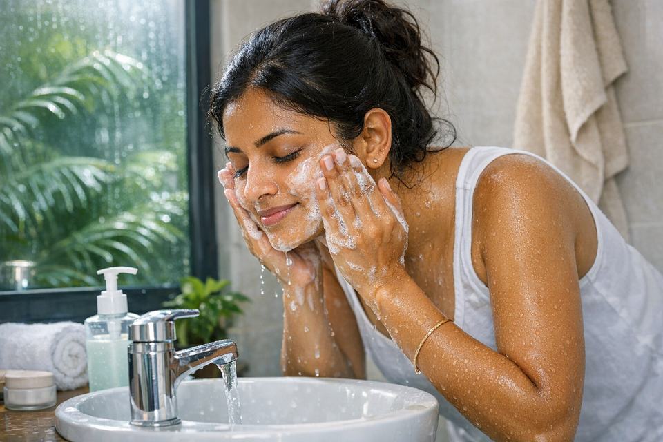 Indian woman washing her face with a gentle cleanser at a bathroom sink on a humid day
