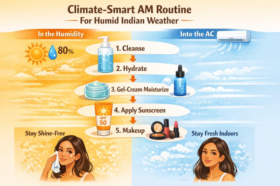 Infographic diagram of a climate-smart morning skincare and makeup prep routine for humid Indian weather.