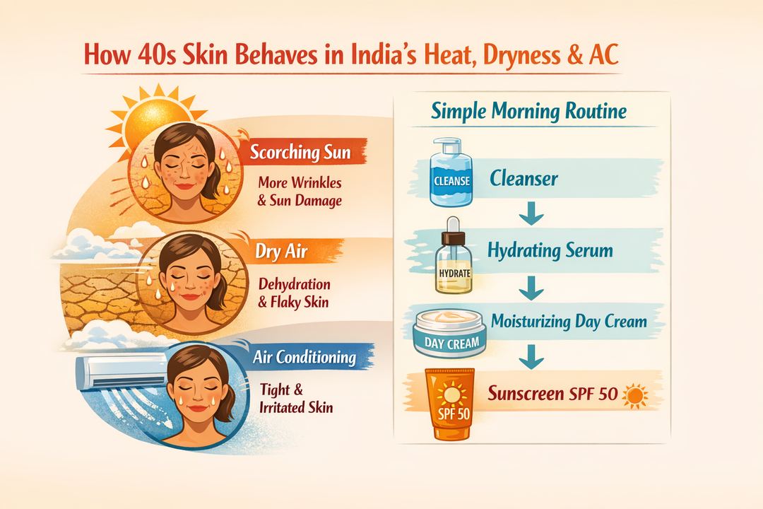 Infographic showing how 40s skin changes in hot, dry Indian climates and how a day cream and sunscreen fit into a simple morning routine.