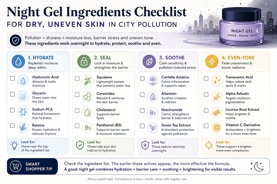 Infographic checklist of night gel ingredients for dry, uneven skin in city pollution, grouped into hydrate, seal, soothe, and even-tone categories.