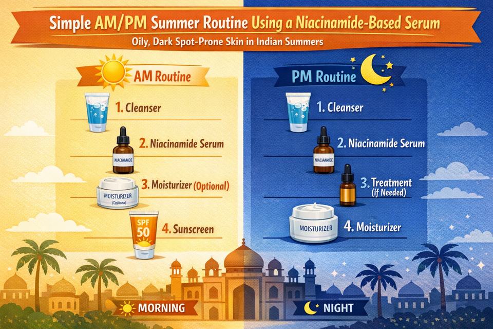 Infographic showing AM and PM routine order for oily, dark-spot-prone skin in Indian summers using a niacinamide serum and sunscreen.
