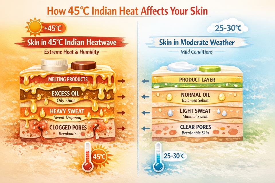 Infographic explaining how sweat, oil, and product layers behave on skin in 45°C Indian heat versus moderate weather.