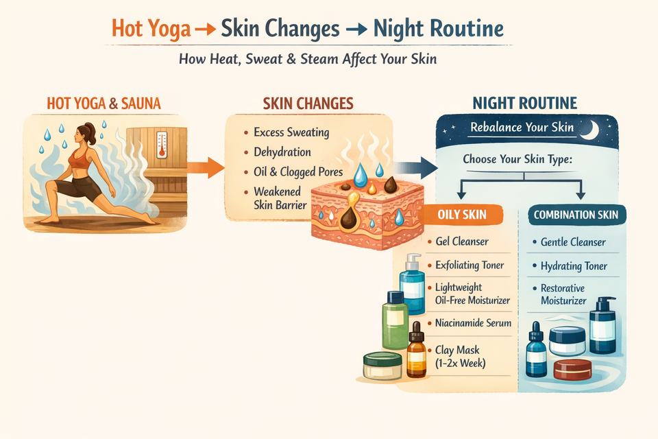 Infographic showing how hot yoga and sauna affect the skin barrier and a simple night routine to rebalance it