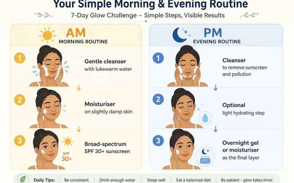Diagram of a simple Indian-friendly morning and night skincare routine showing cleanse, moisturise and sunscreen in the morning and cleanse plus overnight gel at night.