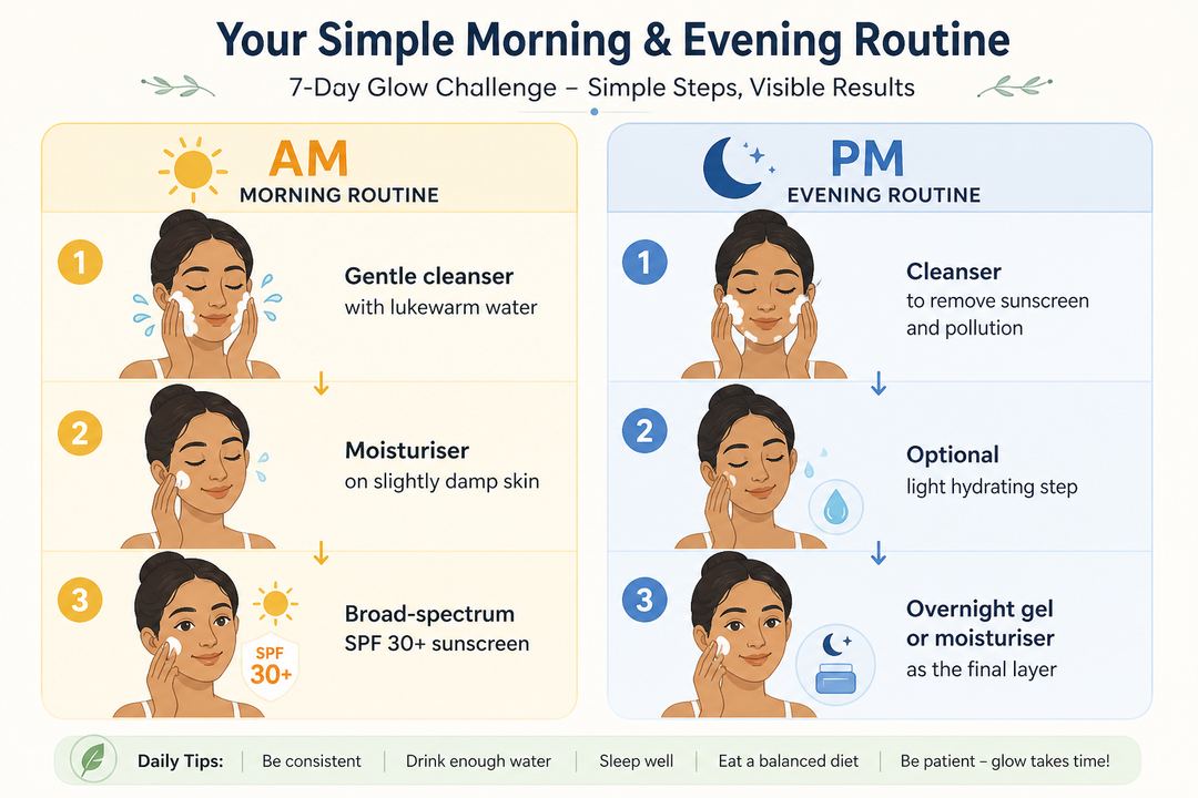 Diagram of a simple Indian-friendly morning and night skincare routine showing cleanse, moisturise and sunscreen in the morning and cleanse plus overnight gel at night.