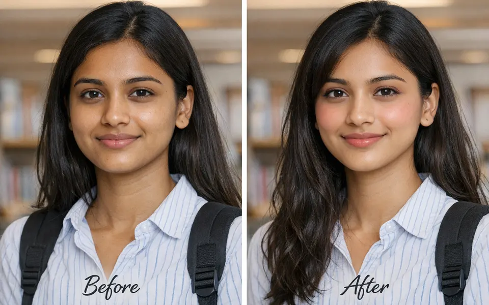 Before and after of a simple Igari makeup look on an Indian college-going woman.
