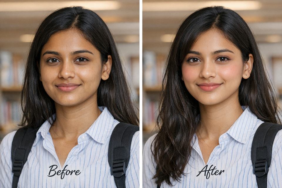 Before and after of a simple Igari makeup look on an Indian college-going woman.