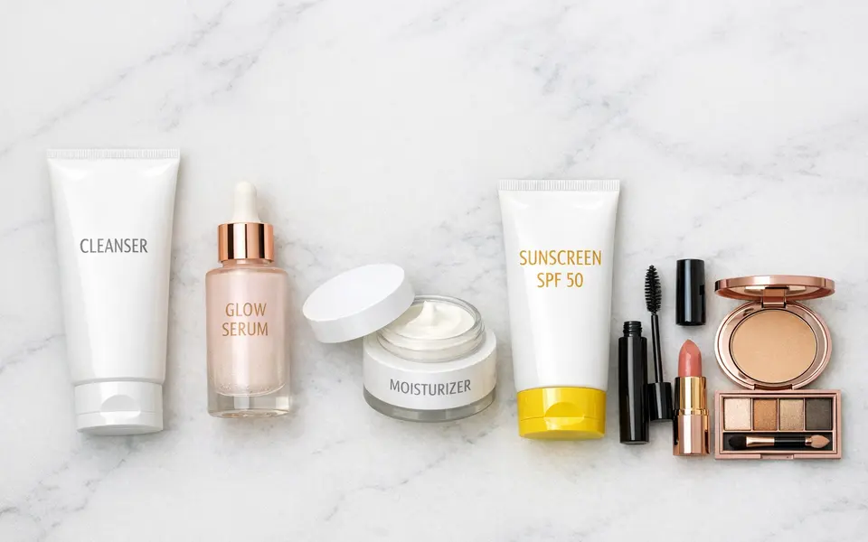 Step-by-step flatlay of cleanser, serum, moisturizer, sunscreen and makeup arranged in order