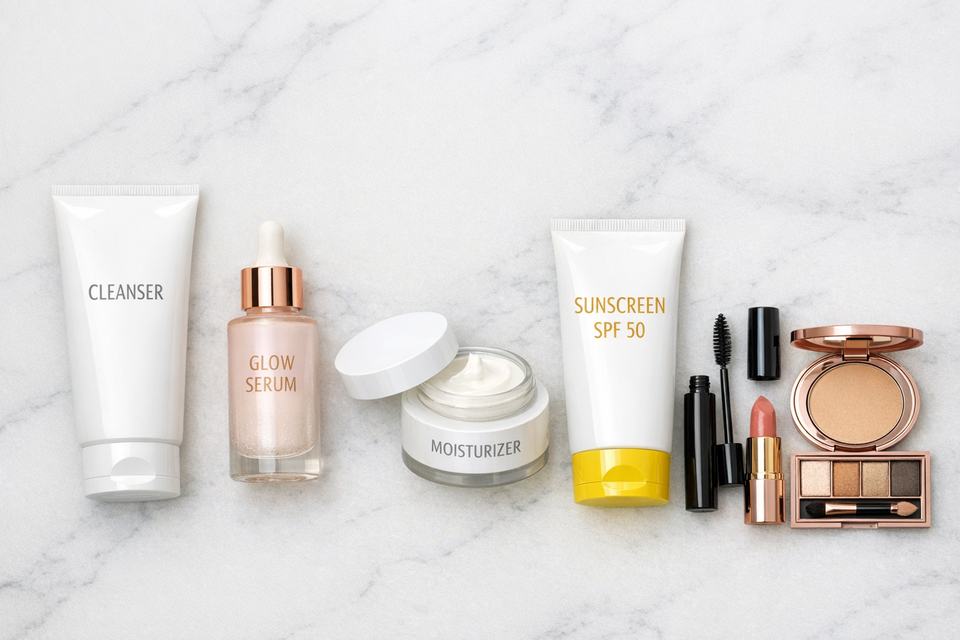 Step-by-step flatlay of cleanser, serum, moisturizer, sunscreen and makeup arranged in order