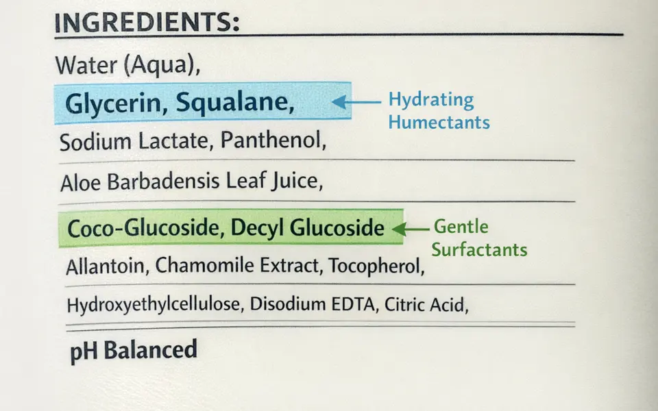 Close-up of a cleanser ingredient label highlighting humectants and gentle surfactants