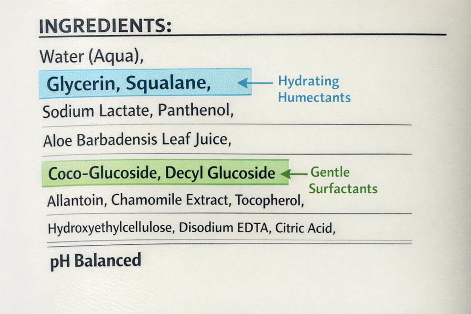 Close-up of a cleanser ingredient label highlighting humectants and gentle surfactants