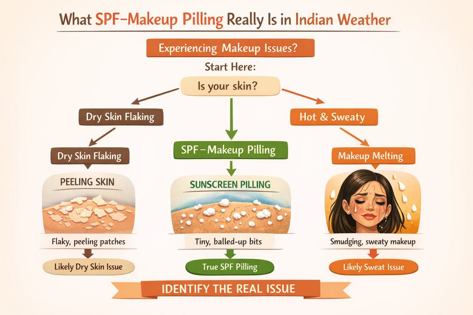 Infographic showing difference between sunscreen pilling, dry skin flaking, and makeup melting in Indian heat and humidity