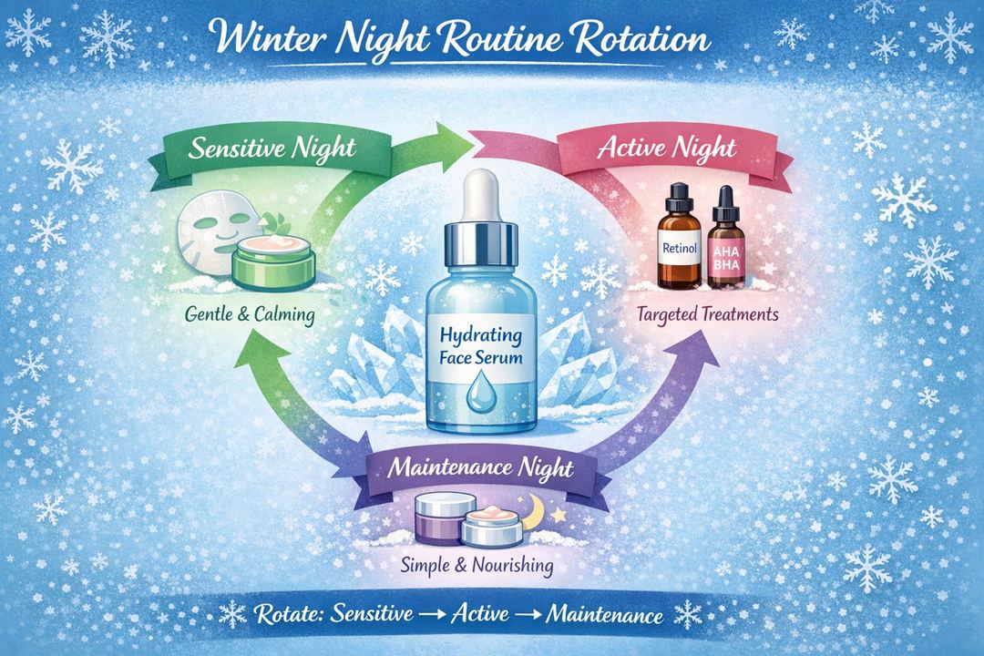 Infographic of a weekly winter night routine rotation showing Sensitive, Active and Simple Maintenance nights anchored by a central hydrating face serum.