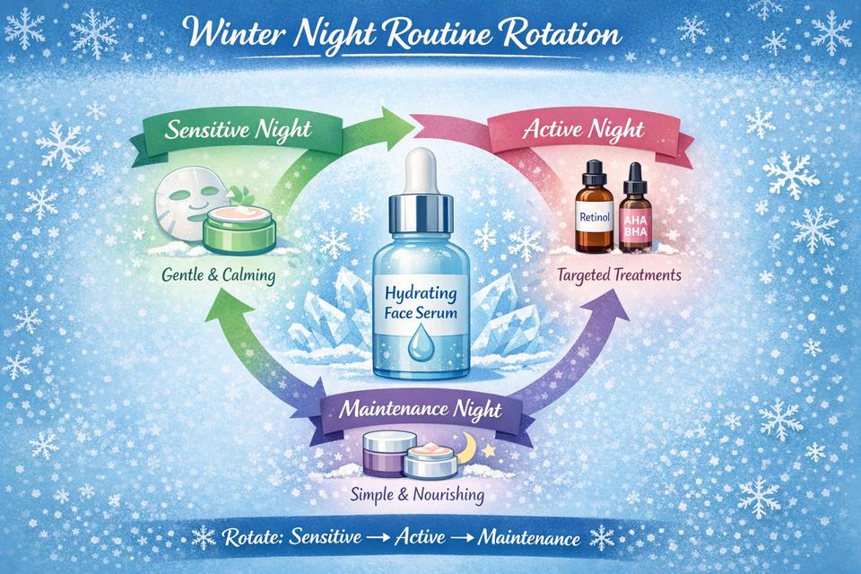 Infographic of a weekly winter night routine rotation showing Sensitive, Active and Simple Maintenance nights anchored by a central hydrating face serum.