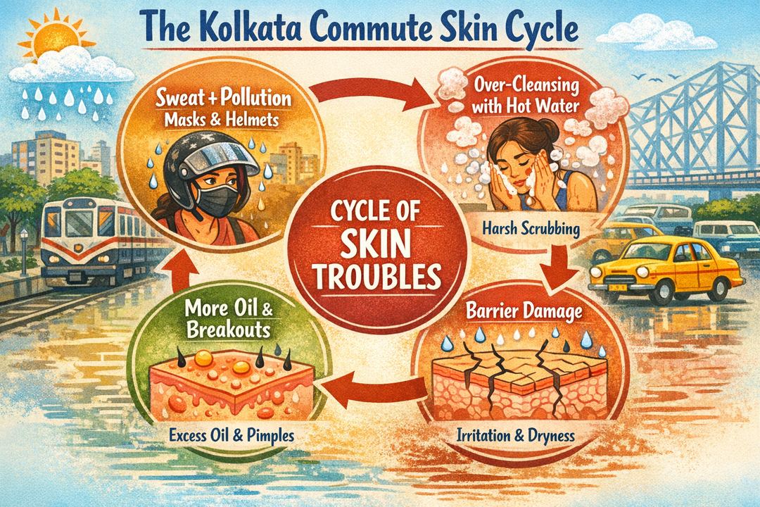 Infographic showing how humidity, sweat, occlusion and over-cleansing interact to affect the skin barrier in a Kolkata commute scenario