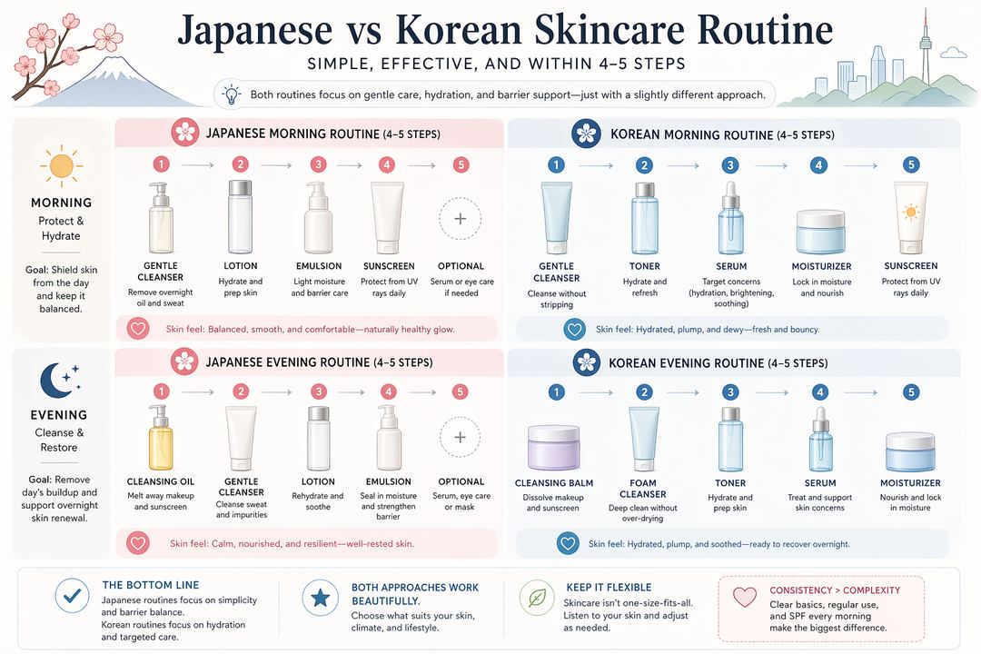 Infographic comparing simple Japanese and Korean morning and evening skincare routines step by step.