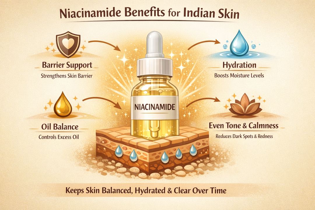 Infographic diagram showing niacinamide’s key benefits for Indian skin: barrier support, hydration, oil balance, even tone and calmness.