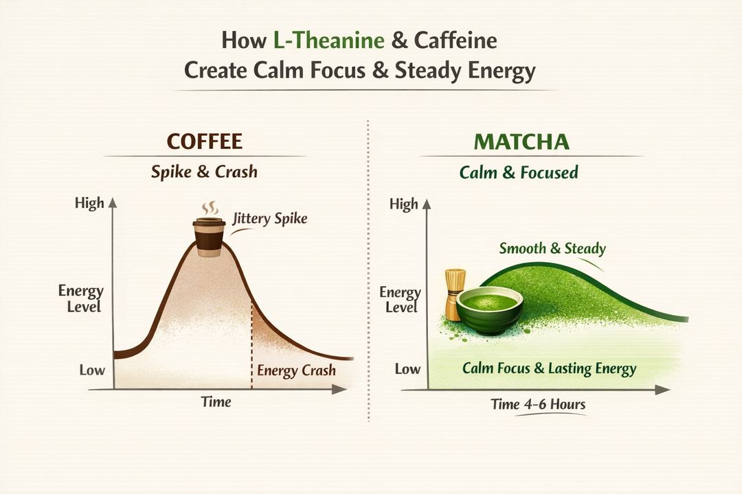 Infographic comparing coffee and matcha energy curves, showing matcha’s smoother, longer calm-focus curve from L-theanine plus caffeine.