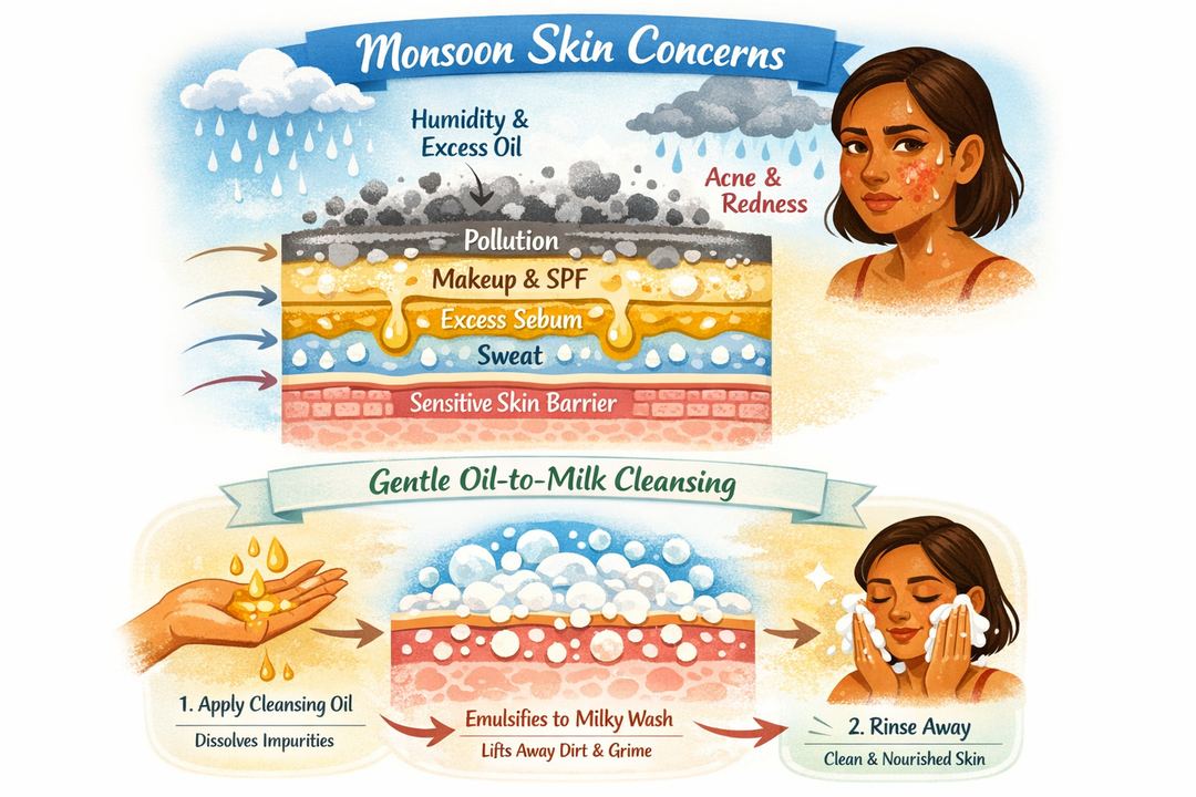 Infographic diagram showing how monsoon humidity, sweat, makeup, SPF and pollution layer on Indian skin and how a gentle oil-to-milk cleanser removes them in one routine.