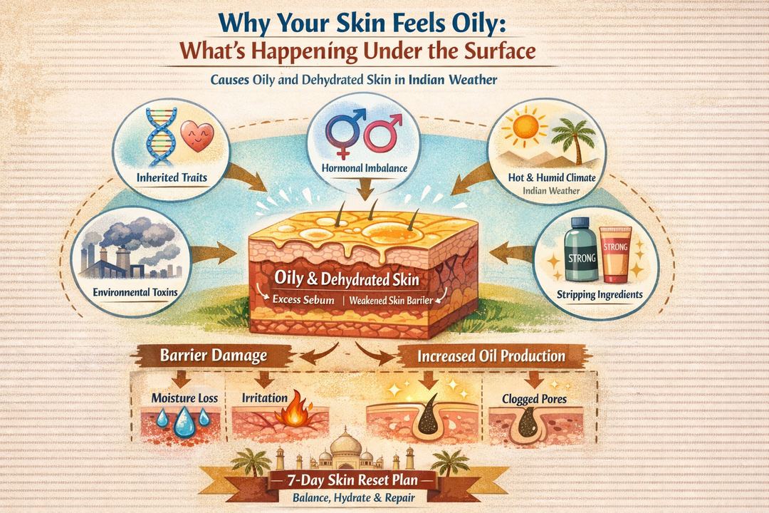 Infographic showing how genetics, hormones, climate, pollution, and harsh products interact to cause oily yet dehydrated skin in Indian weather.