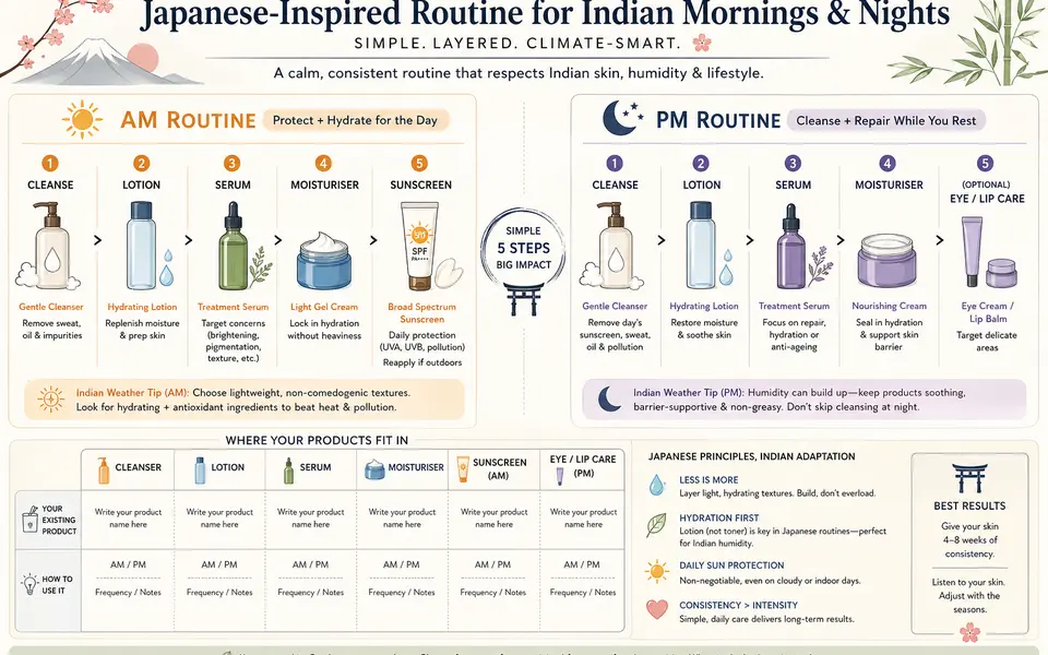 Diagram of a simple Japanese-inspired AM and PM routine adapted for Indian weather