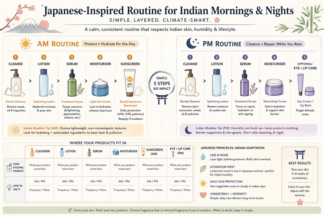 Diagram of a simple Japanese-inspired AM and PM routine adapted for Indian weather