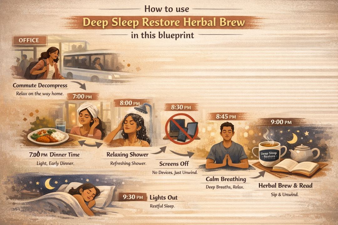 Infographic diagram of an evening wind‑down routine from office to bed, showing stacked signals like dinner timing, shower, screens off, breathing and Deep Sleep Restore Herbal Brew.