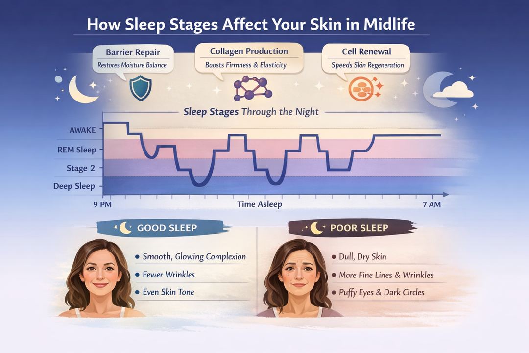 Infographic showing how different sleep stages support skin repair and what happens to skin with good vs poor sleep.