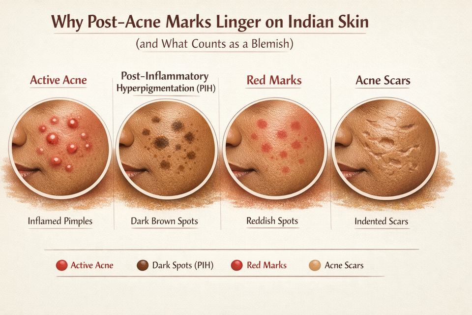 Infographic diagram showing difference between active acne, post-inflammatory hyperpigmentation, red marks, and acne scars on Indian skin tones.