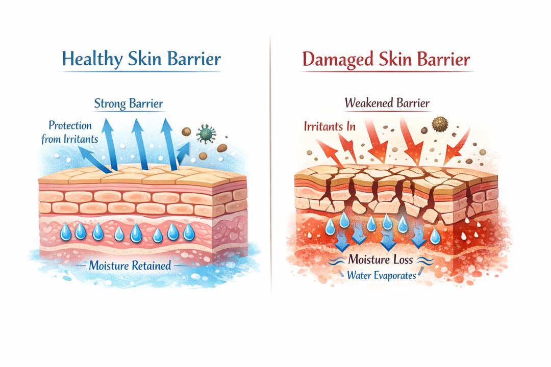 Illustration of healthy vs damaged facial skin barrier showing moisture loss and irritation.
